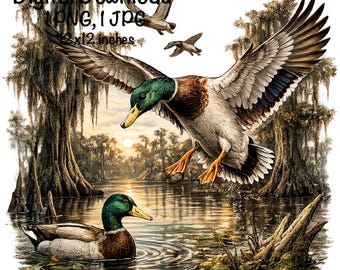 May include: Digital download of a detailed illustration featuring ducks in a wetland environment. One duck is landing with wings spread, while another floats on the water. The image includes text that reads "Digital Download 1 PNG, 1 JPG 12x12 inches."