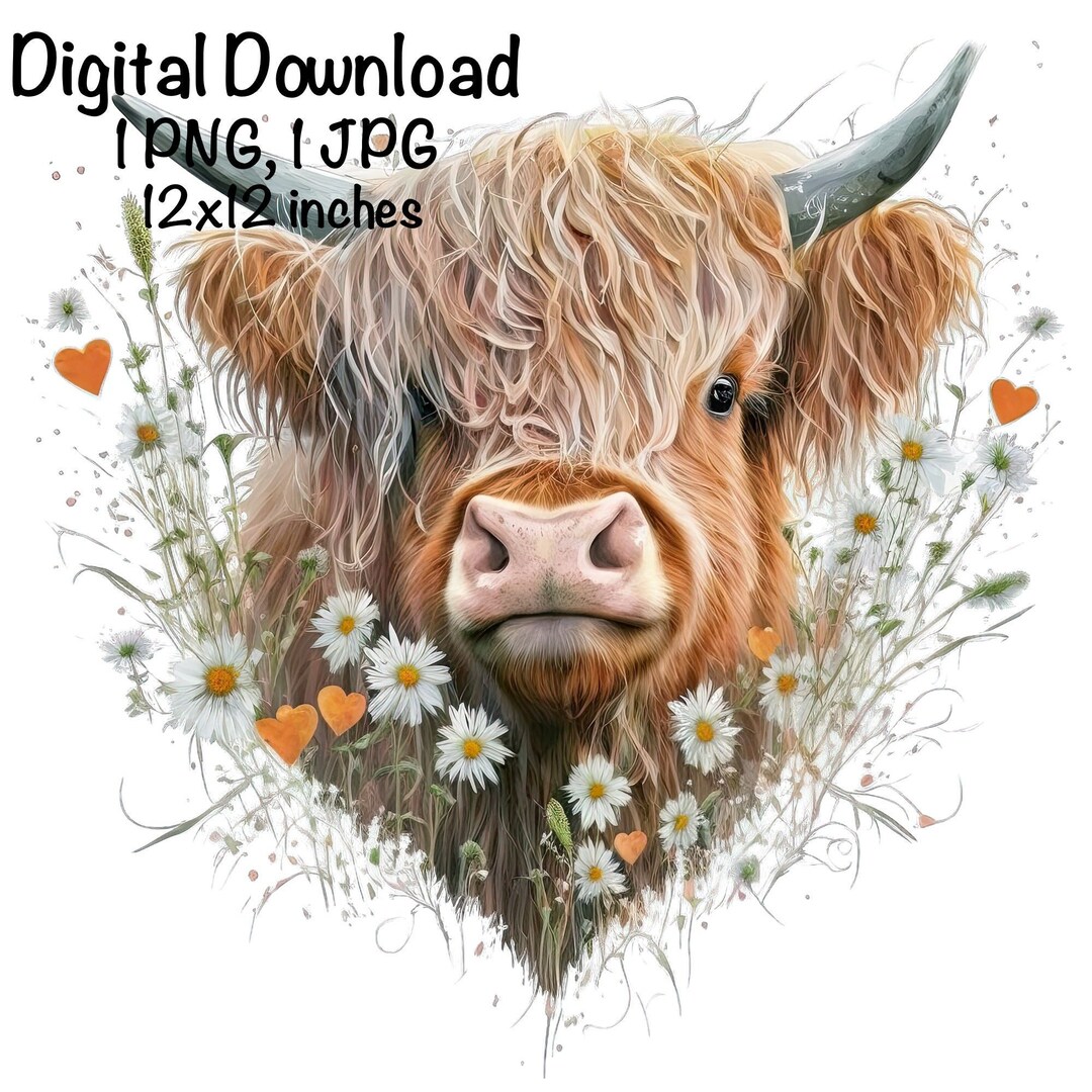 Highland Cow Watercolor Clipart Highland Cow Spring Daisy Flowers Heart ...