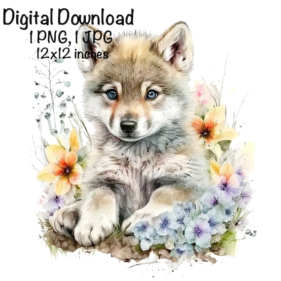 オオカミの水彩画クリップアート 野生の赤ちゃんオオカミ 春の花 PNG