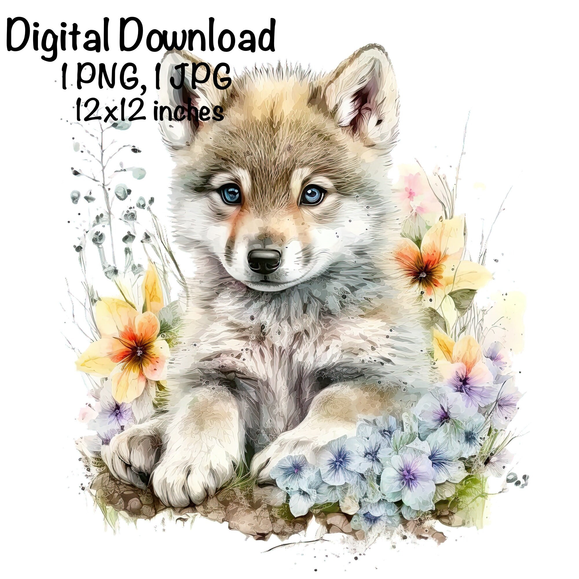 オオカミの水彩画クリップアート 野生の赤ちゃんオオカミ 春の花 PNG