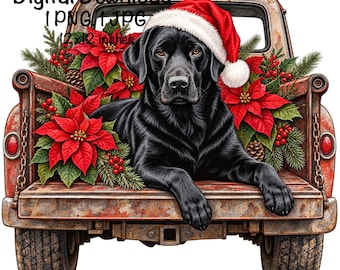 Christmas Labrador Dog Red Truck Watercolor Clipart Cute Black Lab Dog in a Farm Truck PNG Poinsettias Duck Hunting Lab Dog Farm Hunter PNG