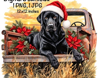 Christmas Labrador Dog Red Truck Watercolor Clipart Cute Black Lab Dog in a Farm Truck PNG Poinsettias Duck Hunting Lab Dog Farm Hunter PNG