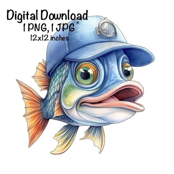 Funny Bass Fish Sublimation Freshwater Clipart Cute Bass Fish Baseball Hat  PNG Commercial Use Watercolor Fishing Season Fish Print Fisherman 