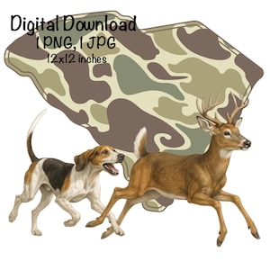 May include: Digital download of a running deer and a dog, with a camouflage background. The dog is white, black, and brown. The deer is brown with antlers. The image is 30.48 x 30.48 cm.