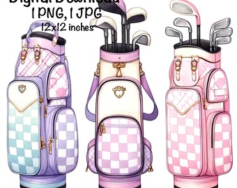 May include: Three golf bags with pink, white, and purple checkered patterns. Each bag has a gold heart charm and gold accents. The bags are 12x12 inches.