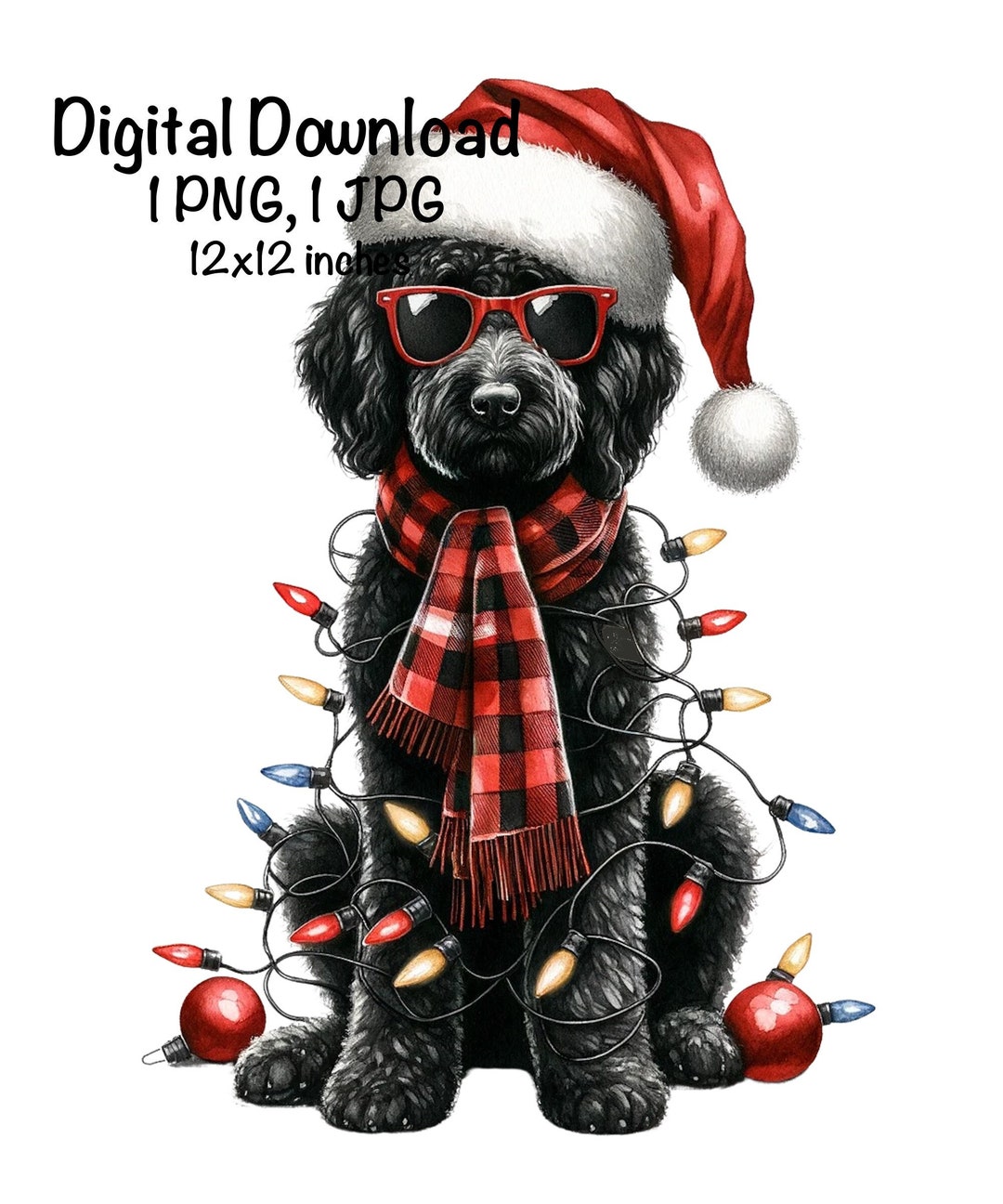 Christmas Goldendoodle Puppy PNG Christmas Lights Santa Black Doodle