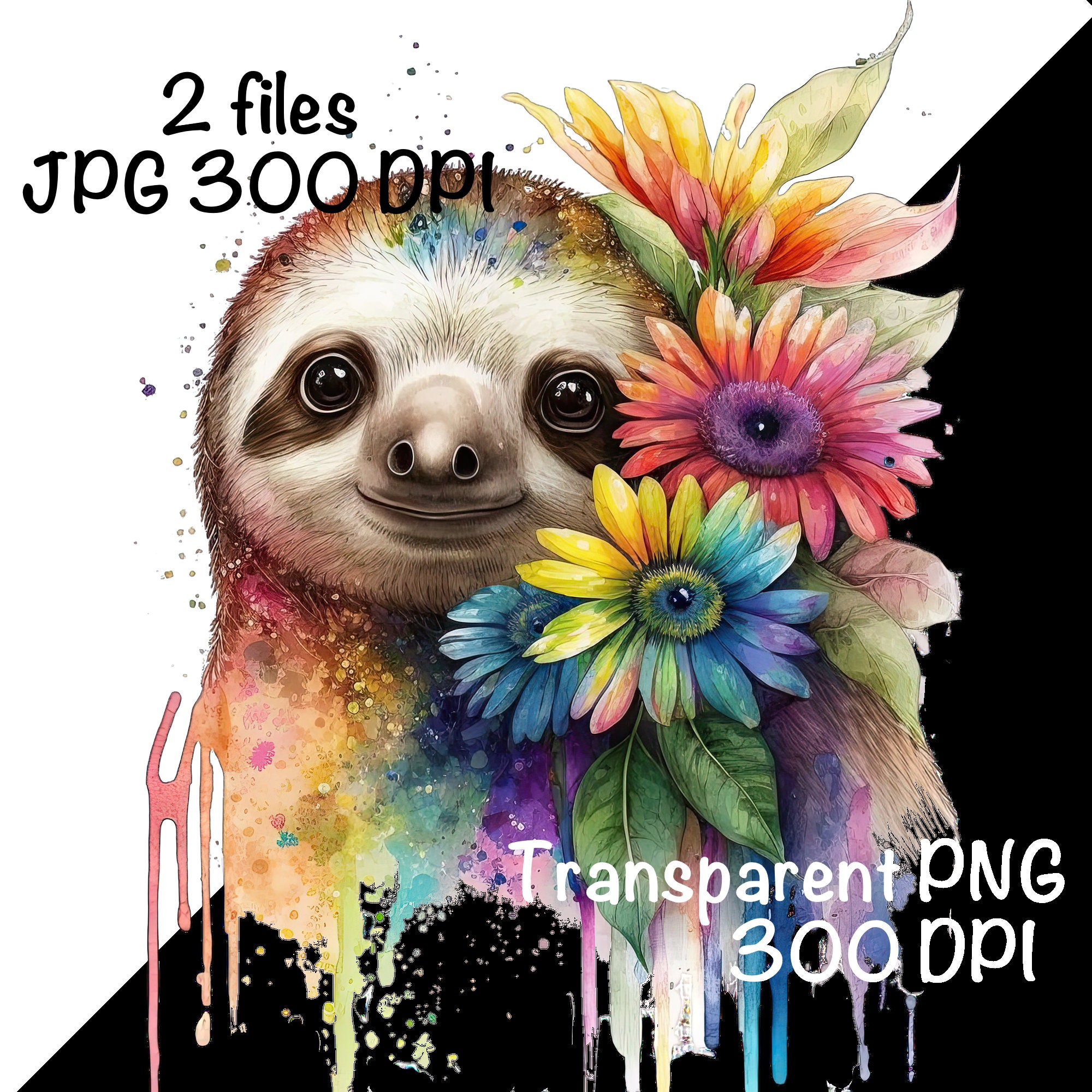 Sloth Spring Background Cute Sloth Clipart Sloth & Spring Flowers PNG Commercial Use Sloth ...