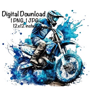 May include: A blue and white motocross bike with a rider wearing a blue and white helmet and blue and white racing gear. The bike is surrounded by blue watercolor splatters.