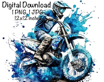 Motocross Watercolor, Blue Motocross Bike Boys Clipart Off-Road Motorcycle PNG Commercial Use Racing Motocross PNG Watercolor Illustration