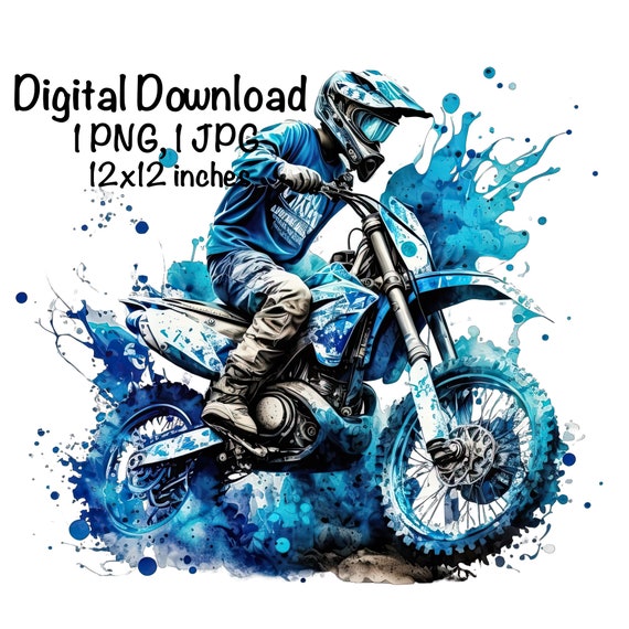 Motocross Watercolor, Blue Motocross Bike Boys Clipart Off-Road Motorcycle PNG Commercial Use Racing Motocross PNG Watercolor Illustration
