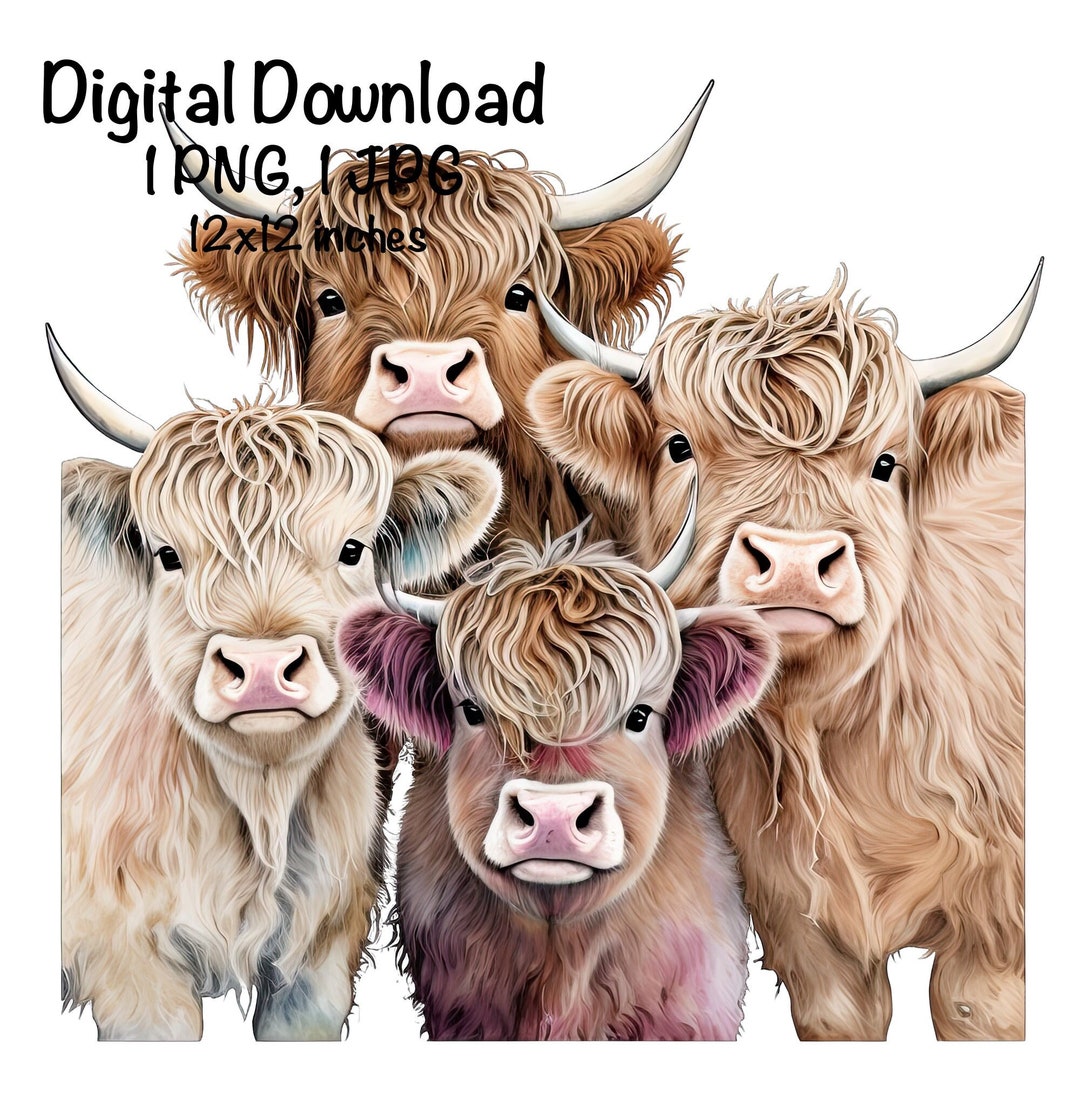 Highland Cows Watercolor Clipart Highland Cows Group Mountains Cow PNG ...