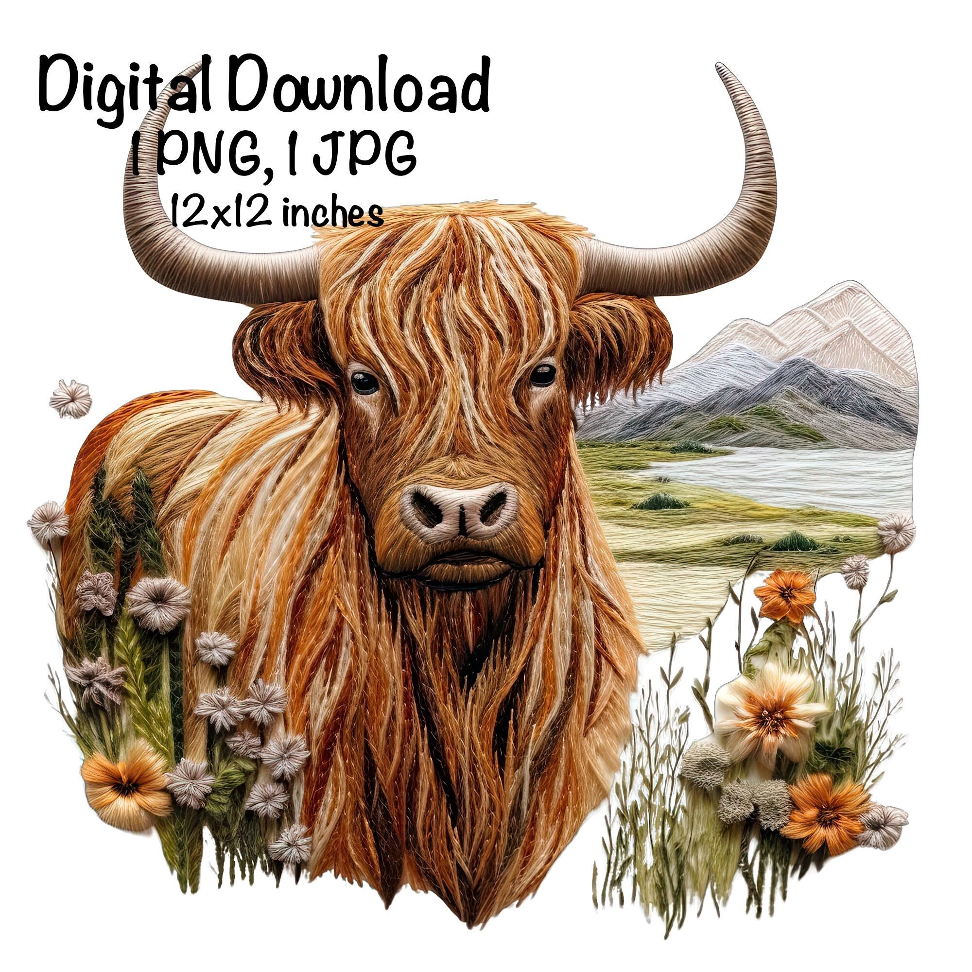 Highland Cow Embroidery PNG Farm Highland Cow Clipart Wall Art Scottish ...