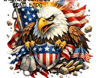May include: A digital download graphic featuring a fierce bald eagle with a white head, brown feathers, and a yellow beak. The eagle clutches a shield and American flag. The image includes the text "Digital Download PNG, JPG 12x12 inches."
