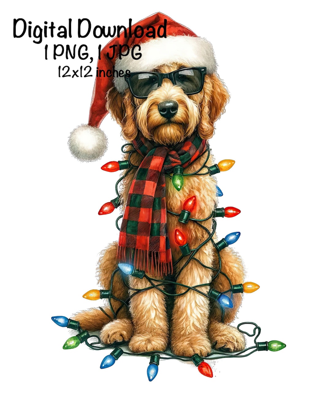 Christmas Goldendoodle Puppy PNG Christmas Lights Santa Reindeer Doodle Dog Sublimation Golden