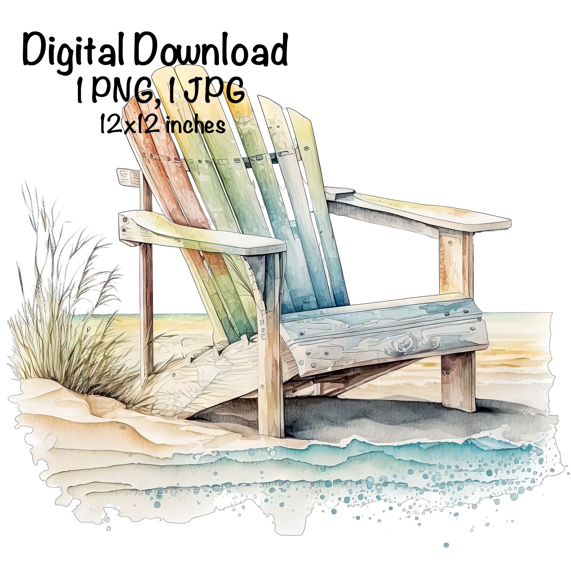 Beach Chair Watercolor Sea Ocean Adirondack Chairs Clipart Wall Art Rustic  Chairs Landscape PNG Commercial Use Sea Vacay PNG Illustration, image size:2000x2000
