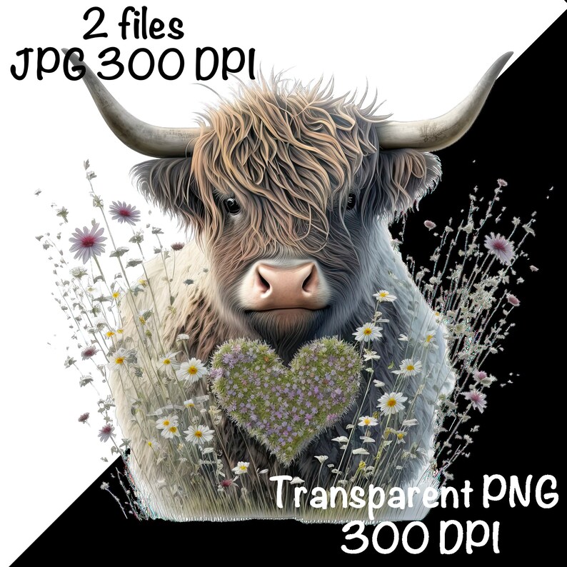 May include: A Highland cow with long, brown fur and a heart-shaped wreath of flowers around its neck. The cow is surrounded by white daisies and purple wildflowers.