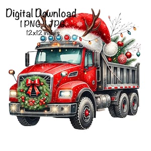 May include: A red dumper truck with a Christmas wreath on the front, a Santa hat with antlers on the back, and a small Christmas tree with baubles in the back. The truck is 12x12 inches.