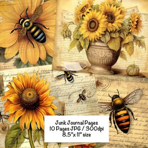 May include: A set of 10 digital printable pages featuring vintage style images of sunflowers, bees, and old paper with text. The pages are 8.5 inches by 11 inches and 300 dpi.