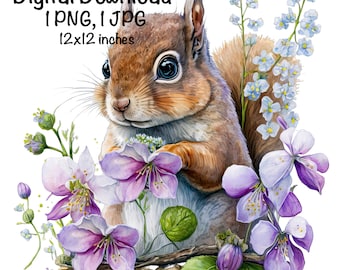 Cute Squirrel Watercolor Clipart Squirrel Flowers PNG Commercial Use Forest Animals Squirrel Design Illustration Print Cute Squirrel Baby