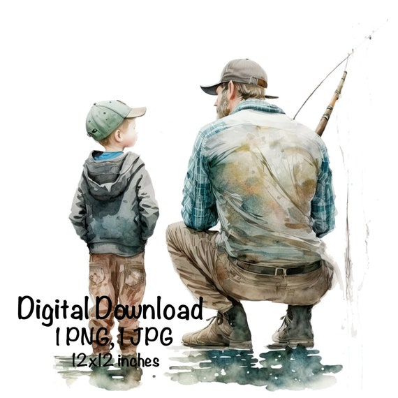 Fishing Father & Son Watercolor Bass Fishing Family Clipart Father Son PNG  Commercial Use Fisherman Fishing Bass PNG Watercolor Illustration