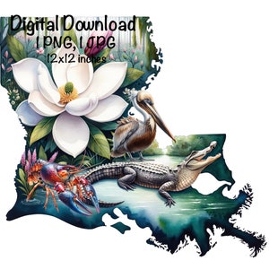 Puede incluir: Una descarga digital de una imagen de 30,5 x 30,5 cm que presenta una pintura de acuarela de un contorno del estado de Luisiana con una flor de magnolia blanca, un pelícano marrón, un cangrejo de río rojo y azul y un caimán verde.
