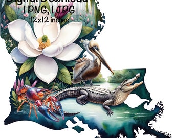 May include: A digital download of a 12x12 inch image featuring a watercolor painting of a Louisiana state outline with a white magnolia flower, a brown pelican, a red and blue crawfish, and a green alligator.