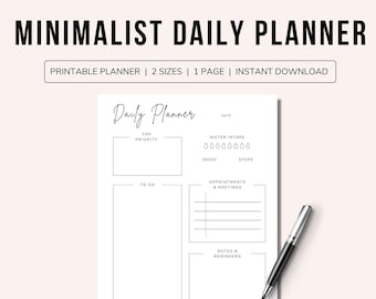 May include: A printable daily planner with sections for top priority, to do, water intake, mood, steps, appointments and meetings, notes and reminders. The planner has a minimalist design with black text on a white background.