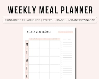 Wöchentlicher Menüplaner und Einkaufsliste Printable | Meal Plan Vorlage | Abendessen-Planer | 7 Tage Menü-Plan | Meal Prep | Familien Essensplan
