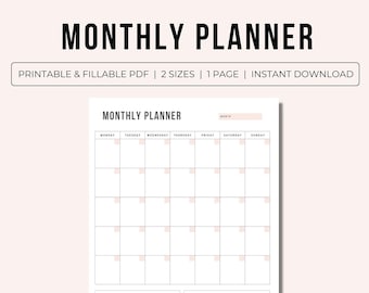 Monthly Planner Printable | Monthly Planner Editable PDF | Undated Monthly Planner | Monthly To Do List | Monthly Planner | A4 & A5 | 1 page