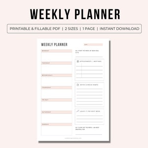 Wochenplaner Printable | Wochenplaner ausfüllbare PDF | Undatierter Wochenplaner | Wöchentliche To Do Liste | 7 Tage Planer | Wochenplan | A4 & A5