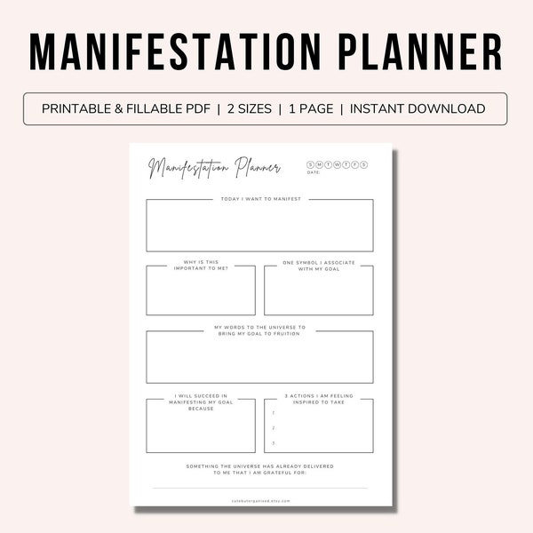 Manifestation Planner Printable | Manifestation Planner Editable | Manifestation Prompts Printable | Manifestation Journal | 1 page | A4/A5