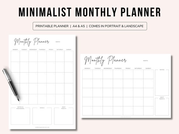 Monthly Planner Printable To Do List | Monthly Organizer | Monthly To Do List | Minimalist Monthly Schedule | Comes In Landscape & Portrait