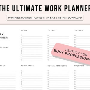 Könnte beinhalten: Ein druckbarer Arbeitsplaner mit Abschnitten für zu erledigen, anzurufen, zu mailen, Nachverfolgung, Verwaltungsaufgaben, Notizen und Erinnerungen sowie für kommende Aufgaben. Der Planer ist mit "Mein Arbeitsplaner" beschriftet und hat einen rosa Aufkleber mit der Aufschrift "Perfekt für vielbeschäftigte Profis!"