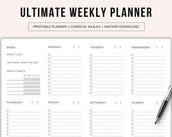 Weekly Planner Printable Landscape | Minimalist Weekly Schedule | Week At A Glance | Weekly Organiser | Office Planner | Weekly To Do List