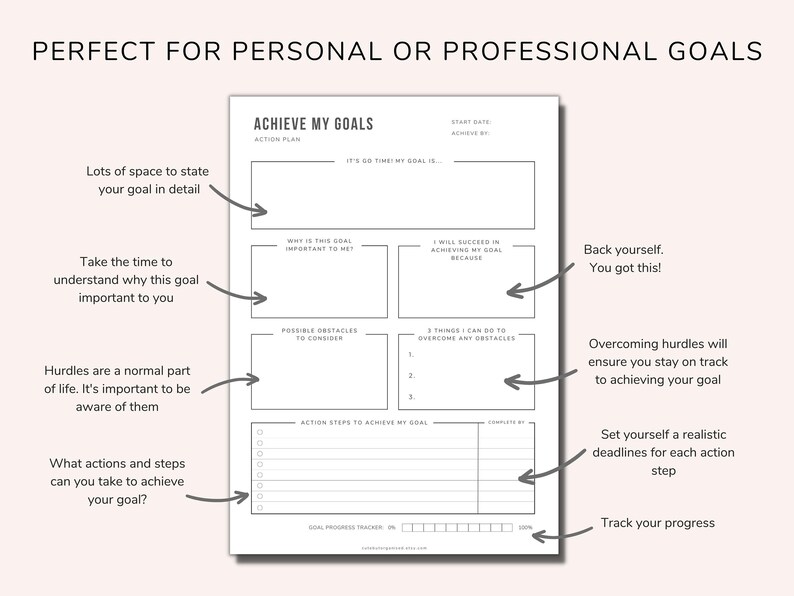 Goal setting planner is a minimalist design and has plenty of room to state your goal, why it's important to you, possible obstacles, ways to overcome those obstacles, action steps, as well as a goal progress tracker