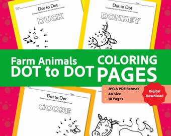 May include: A set of 10 printable dot-to-dot coloring pages featuring farm animals. The pages include a duck, donkey, goose, and cow. The pages are in black and white and are designed for children to connect the dots and then color in the animals.