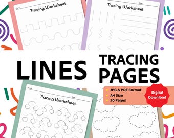 May include: Four tracing worksheets with different line patterns, including straight, curved, and zig-zag lines. The worksheets are in pink, purple, and green frames. The words "LINES TRACING PAGES" are in large black letters.