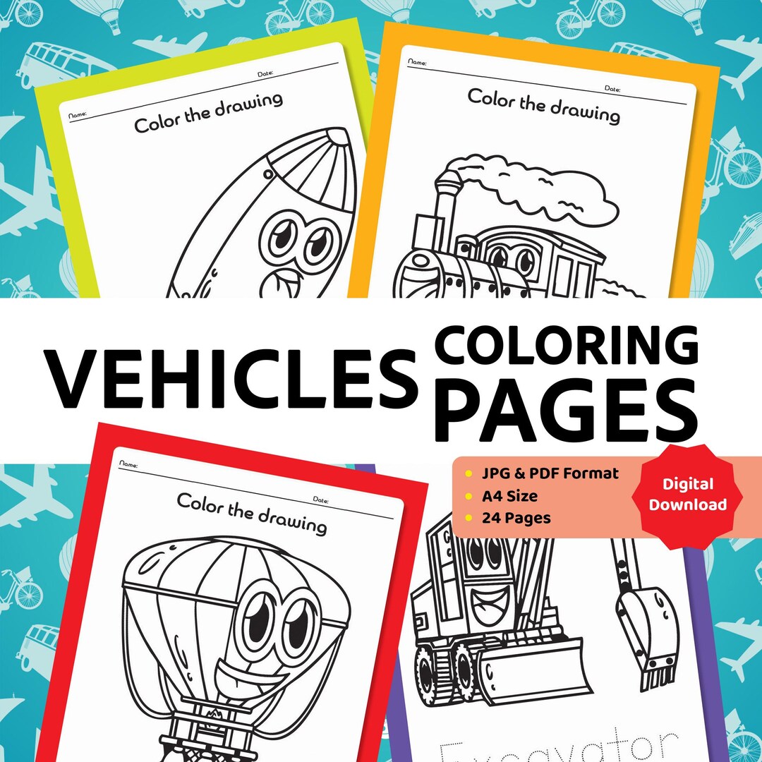 Vehicles Coloring Book: 24 Transportation Pages (PDF Download) - Etsy
