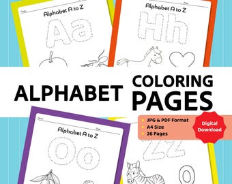 May include: Alphabet coloring pages in A4 size, provided as a digital download in JPG and PDF formats. The set includes 26 pages featuring dotted letters from A to Z, accompanied by line art illustrations of objects like apples, horses, olives, and zebras.
