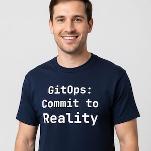 May include: A navy blue t-shirt featuring the white text "GitOps: Commit to Reality". The t-shirt has a crew neck design and is worn by a person.