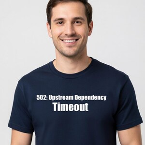 Puede incluir: Una camiseta de manga corta y cuello redondo en color azul marino oscuro con el texto impreso en blanco 502: Upstream Dependency Timeout centrado en el pecho. La prenda tiene un corte estándar con cuello acanalado.