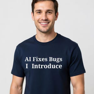 Op de afbeelding: Marineblauw T-shirt met de witte tekst "AI Fixes Bugs I Introduce". Het T-shirt is effen van kleur en heeft een ronde hals.