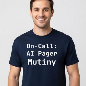 Puede incluir: Camiseta azul marino con el texto blanco "On-Call: AI Pager Mutiny". La camiseta es de cuello redondo y la lleva una persona.