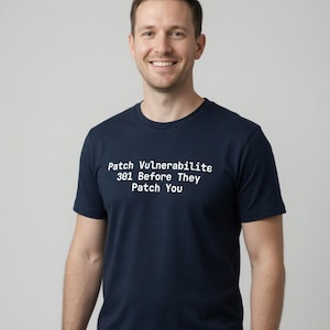 May include: A navy blue short-sleeved t-shirt featuring white text printed on the chest that reads: Patch Vulnerabilite 301 Before They Patch You. The shirt has a classic crew neckline and a straight hem, constructed from a solid-colored fabric.