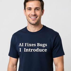 May include: Navy blue t-shirt with the white text "AI Fixes Bugs I Introduce". The shirt is made of a soft material and is suitable for casual wear. The person in the image is smiling.
