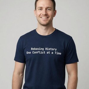 May include: A navy blue short-sleeved crew neck t-shirt featuring the white text "Rebasing History One Conflict at a Time" printed across the chest. The shirt is made of a solid-coloured fabric and has a standard fit with a simple, clean design.