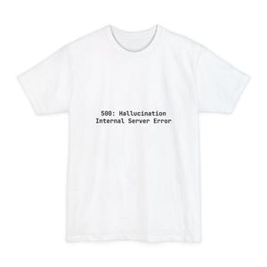 May include: White t-shirt with the text "500: Hallucination Internal Server Error" printed in black. The shirt has a crew neck and short sleeves. The fabric appears to be a soft, lightweight material.