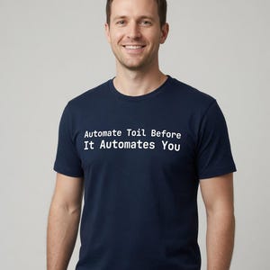 May include: A navy blue short-sleeved crew neck t-shirt featuring the white text "Automate Toil Before It Automates You" printed across the chest. The garment is made of a solid-colored fabric and has a standard fit with a simple, clean design.