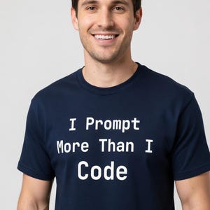 May include: Navy blue t-shirt with the text "I Prompt More Than I Code" in white block letters. The shirt is a crew neck style and appears to be made of a soft material.