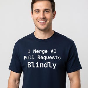 May include: Navy blue t-shirt with the text "I Merge AI Pull Requests Blindly" in white. The shirt is a crew neck style and is being worn by a person.